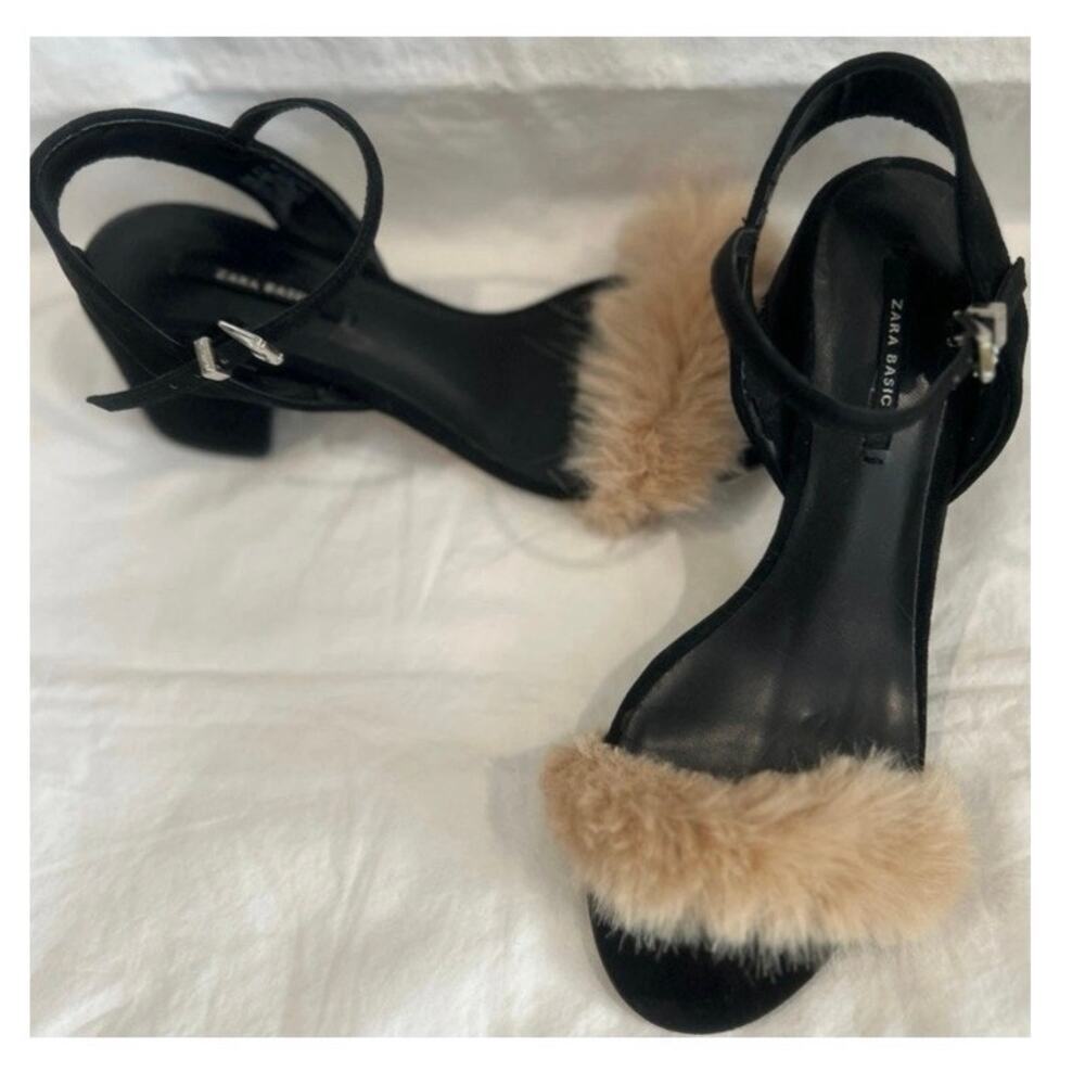 ZARA Faux Fur Fluffy Vamp Slingback Block Heels Blogger Fave Tan Black 41/ US 10 - Picture 2 of 4